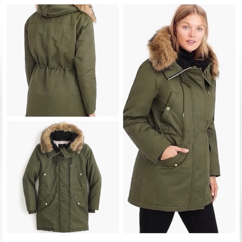 J. Crew Green Utility Jacket with Faux Fur Hood